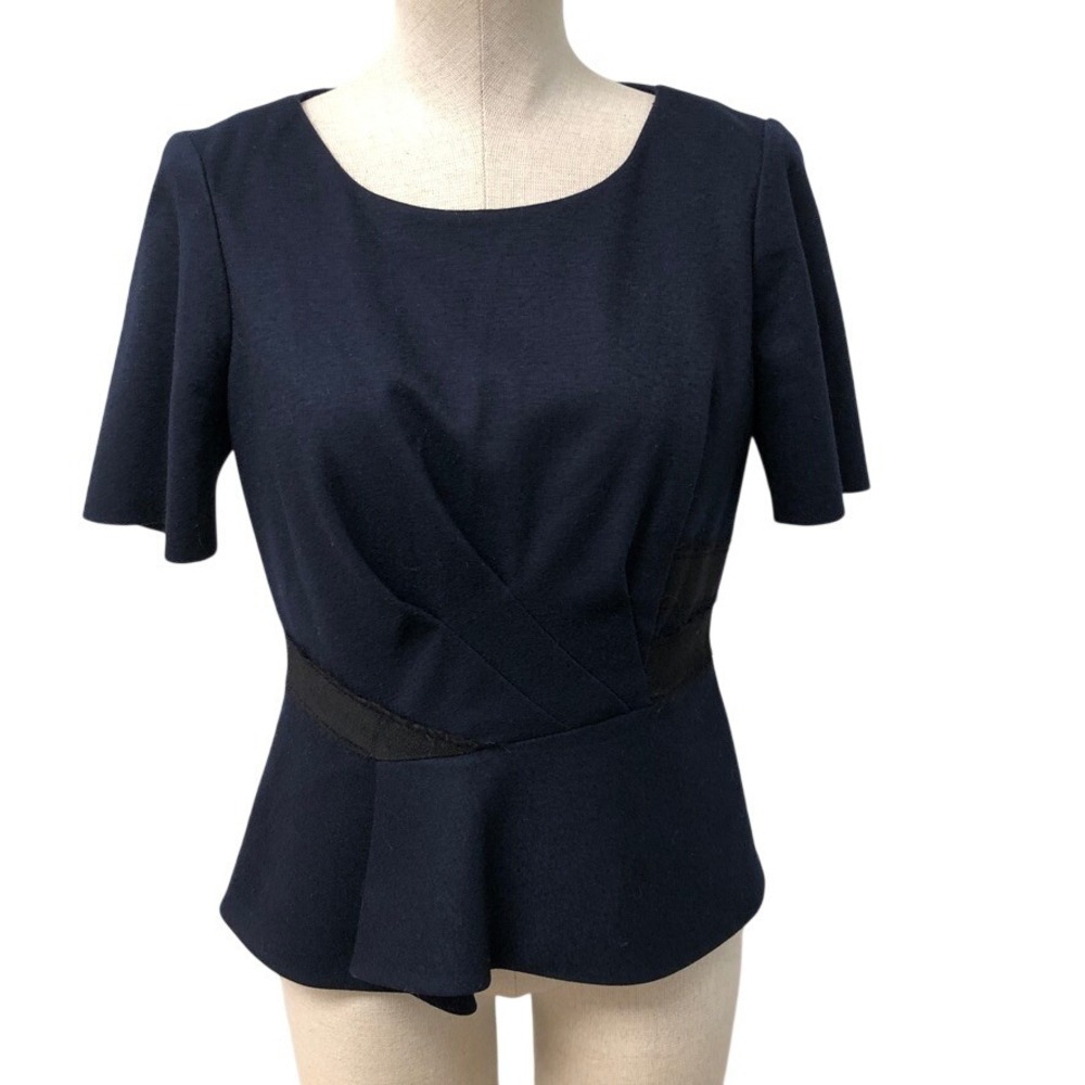 Elie Tahari Peplum Top Womens Small Navy Blue Wool Blend Short Sleeve Career